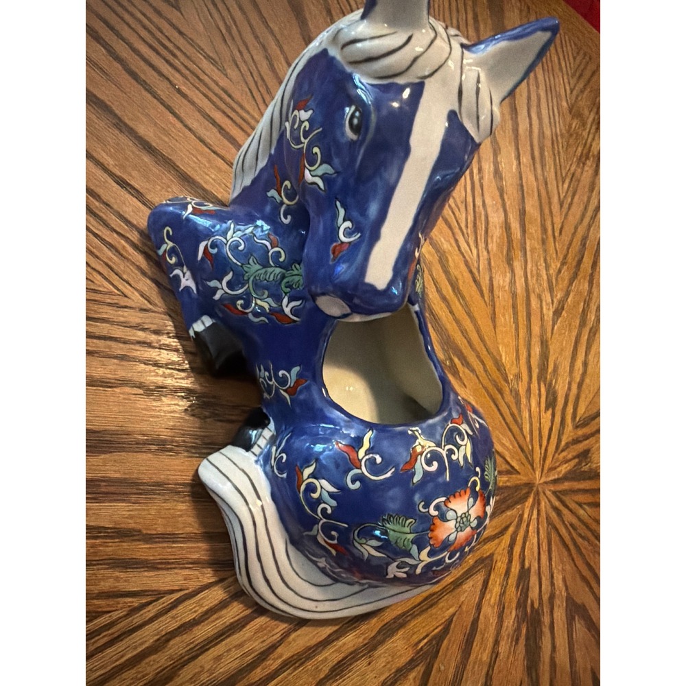 Vintage Chinoiserie Ceramic Horse Planter Cobalt Blue Hand Painted Floral Pot